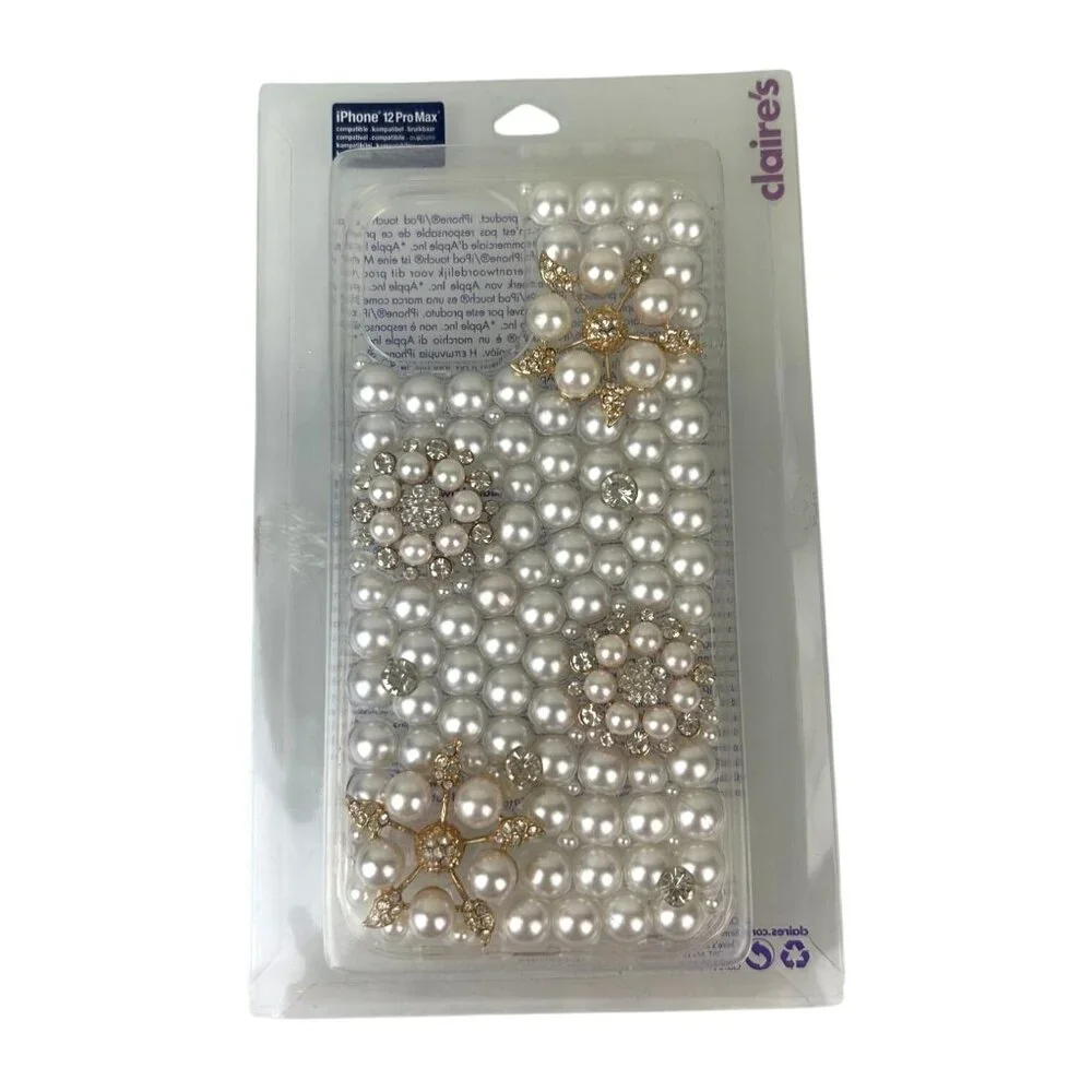 Claire's Iphone 12 ProMax Protective Phone Case White Pearl Rhinestone Floral